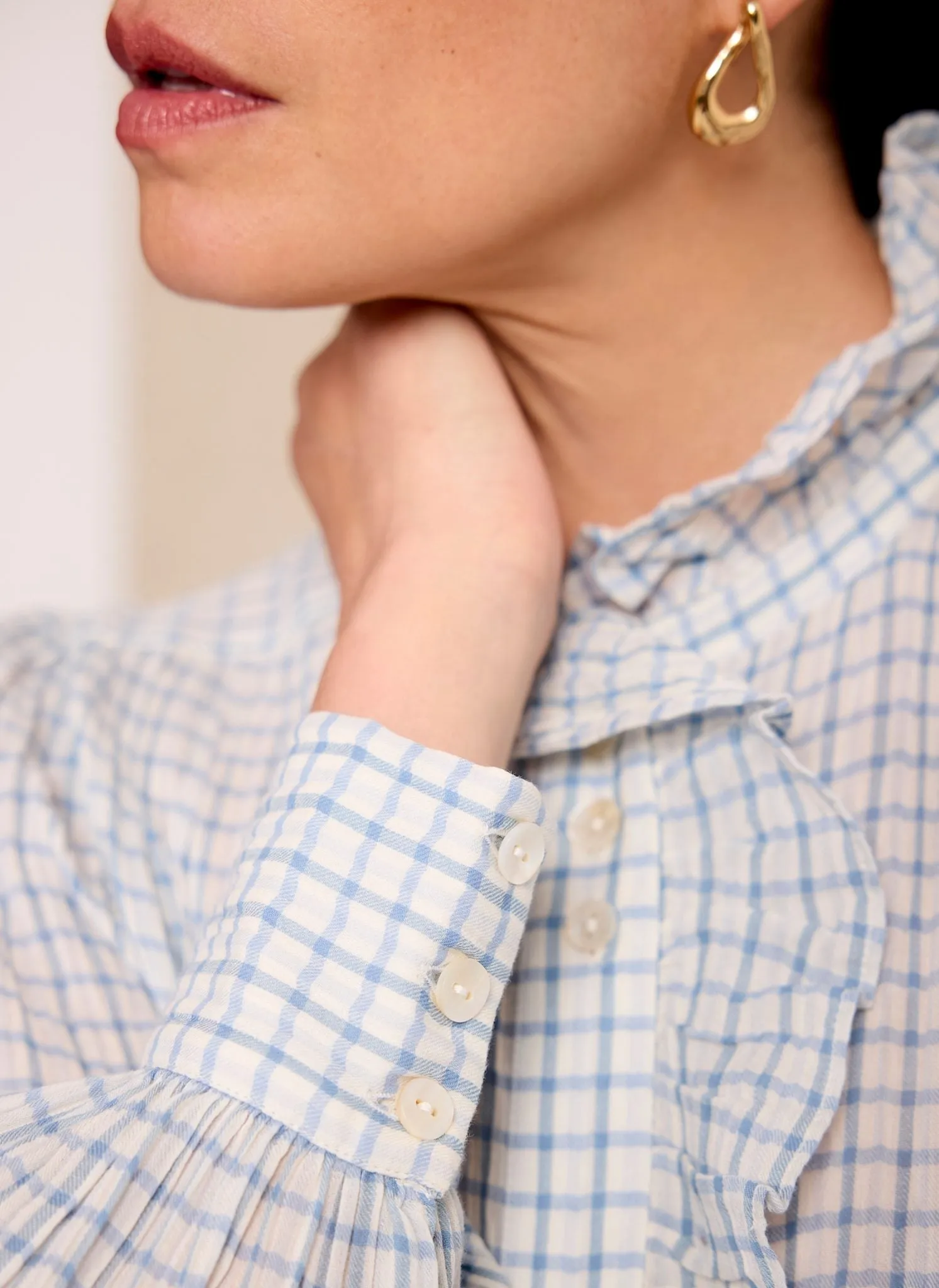 Blue Cotton Checked Ruffle Blouse sold by Mint Velvet product image thumbnail 4