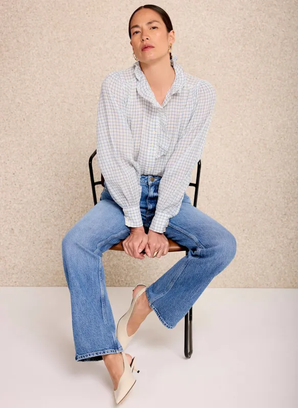 Blue Cotton Checked Ruffle Blouse made by Mint Velvet