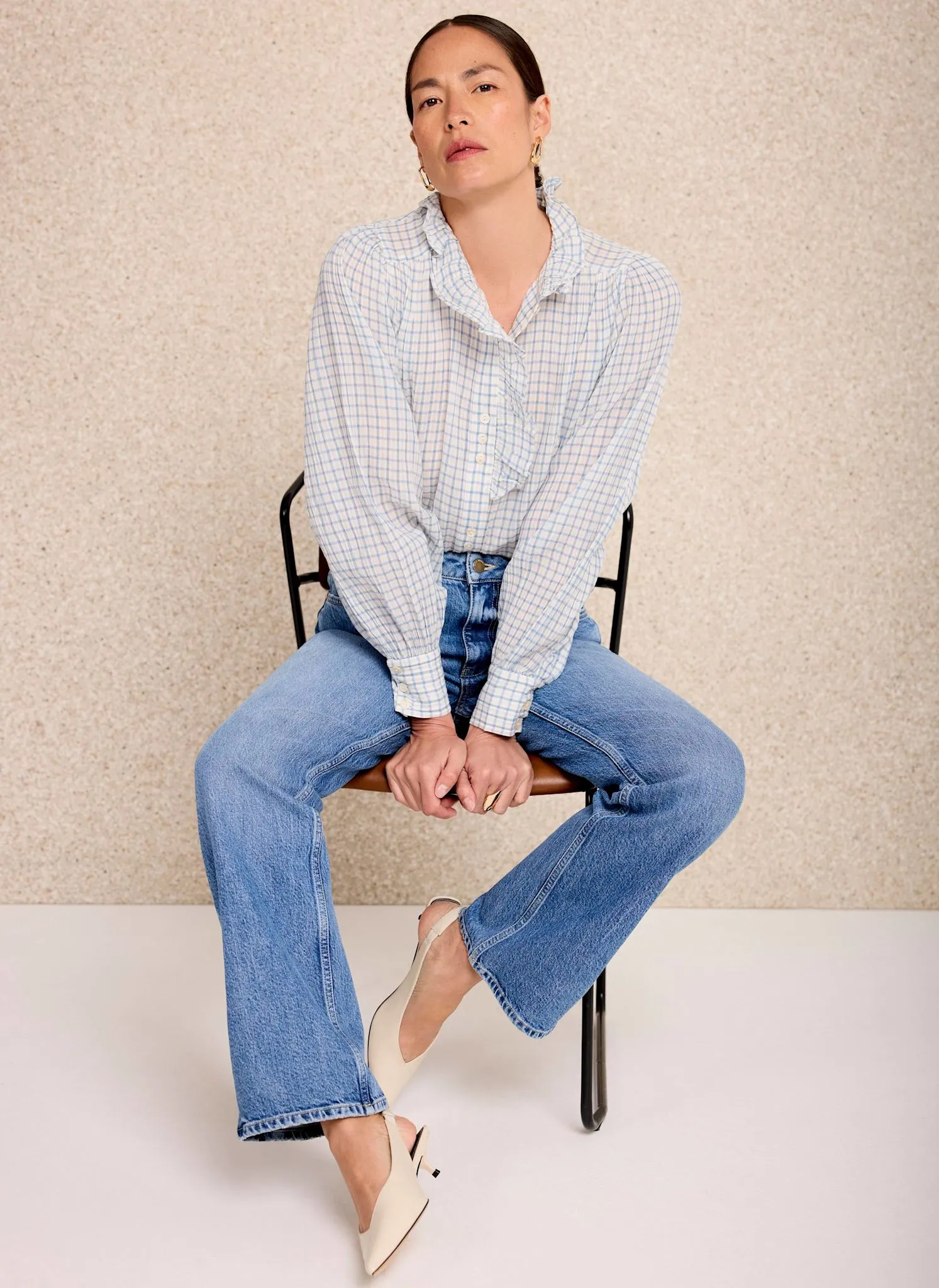 Blue Cotton Checked Ruffle Blouse sold by Mint Velvet