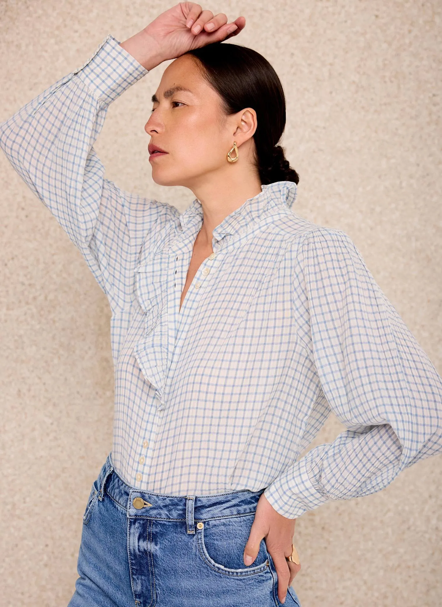 Blue Cotton Checked Ruffle Blouse sold by Mint Velvet product image thumbnail 2