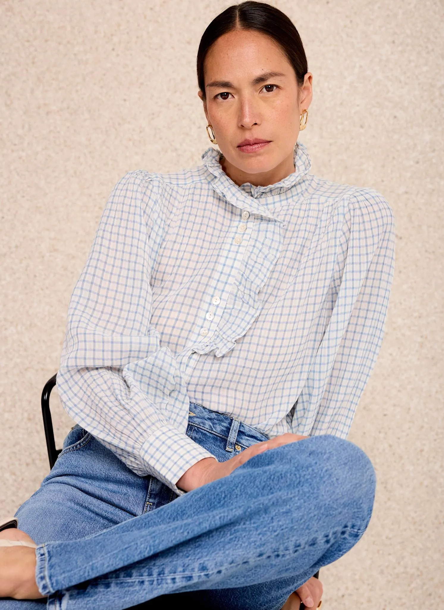 Blue Cotton Checked Ruffle Blouse sold by Mint Velvet product image thumbnail 5