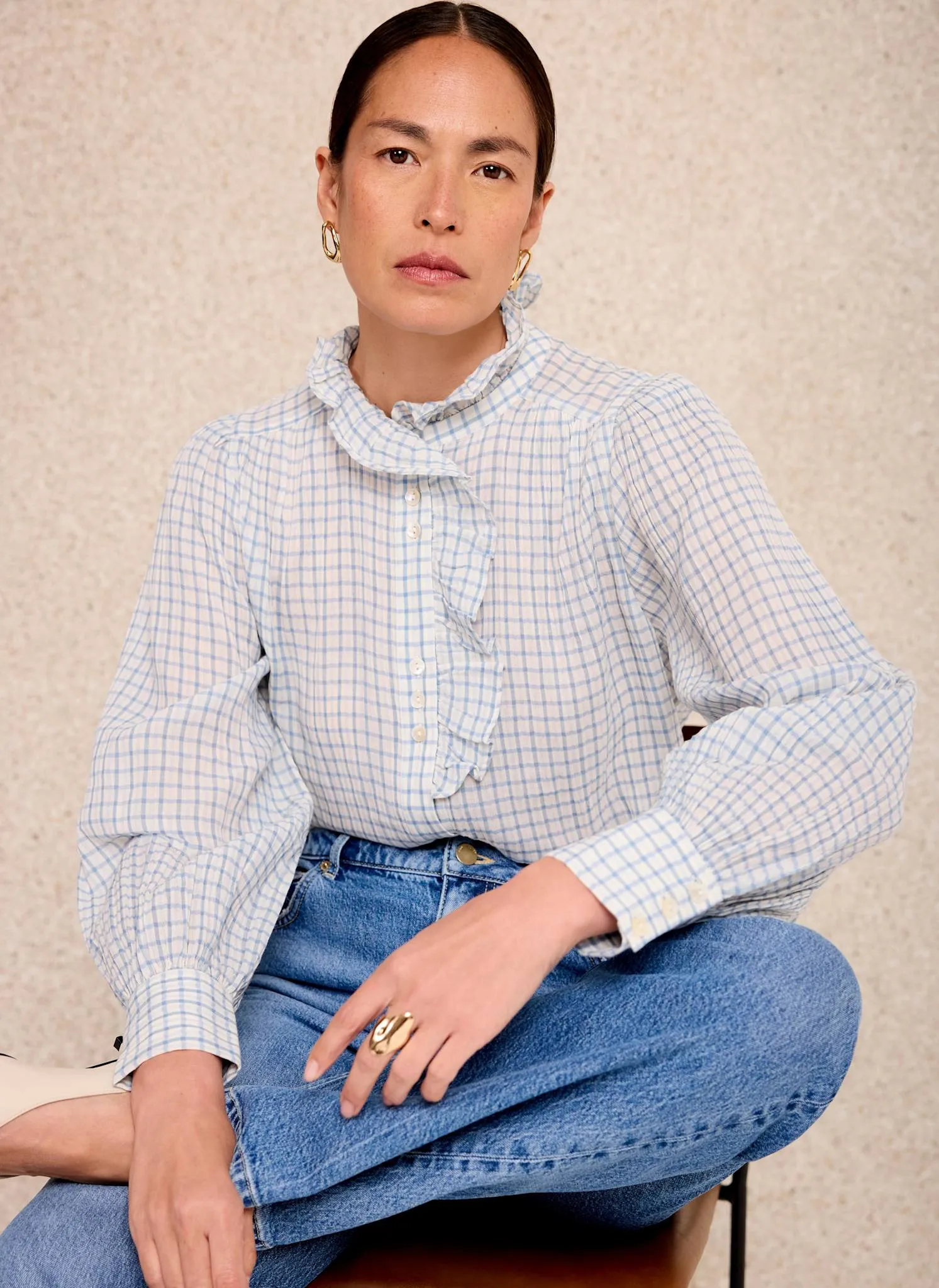 Blue Cotton Checked Ruffle Blouse sold by Mint Velvet product image thumbnail 3