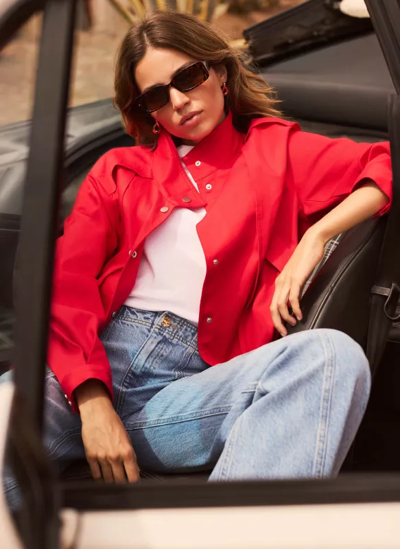 Red Funnel Neck Bomber Jacket made by Mint Velvet