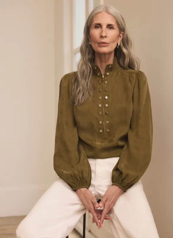 Olive Green Zip Detail Bomber Blouse made by Mint Velvet