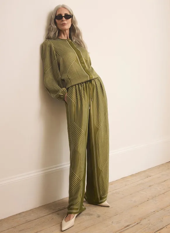 Olive Green Satin Printed Wide Leg Trousers made by Mint Velvet
