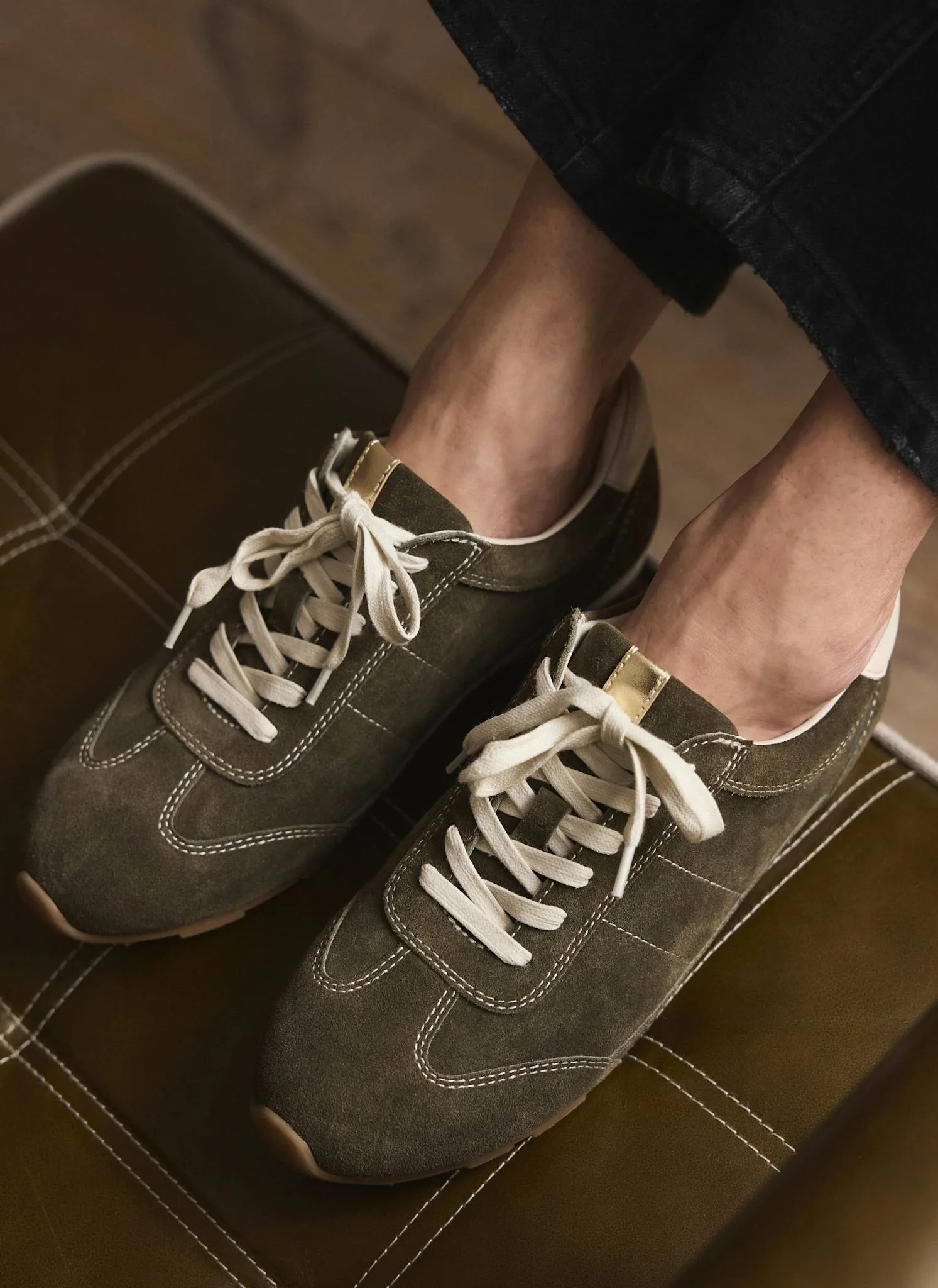 Vick Olive Green Suede Trainers sold by Mint Velvet