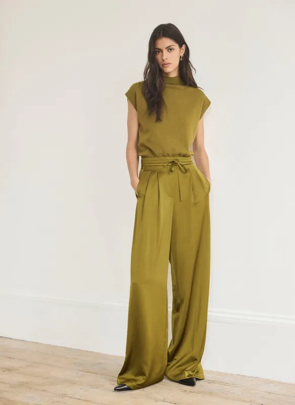 Olive Green Satin Wide Leg Trousers made by Mint Velvet