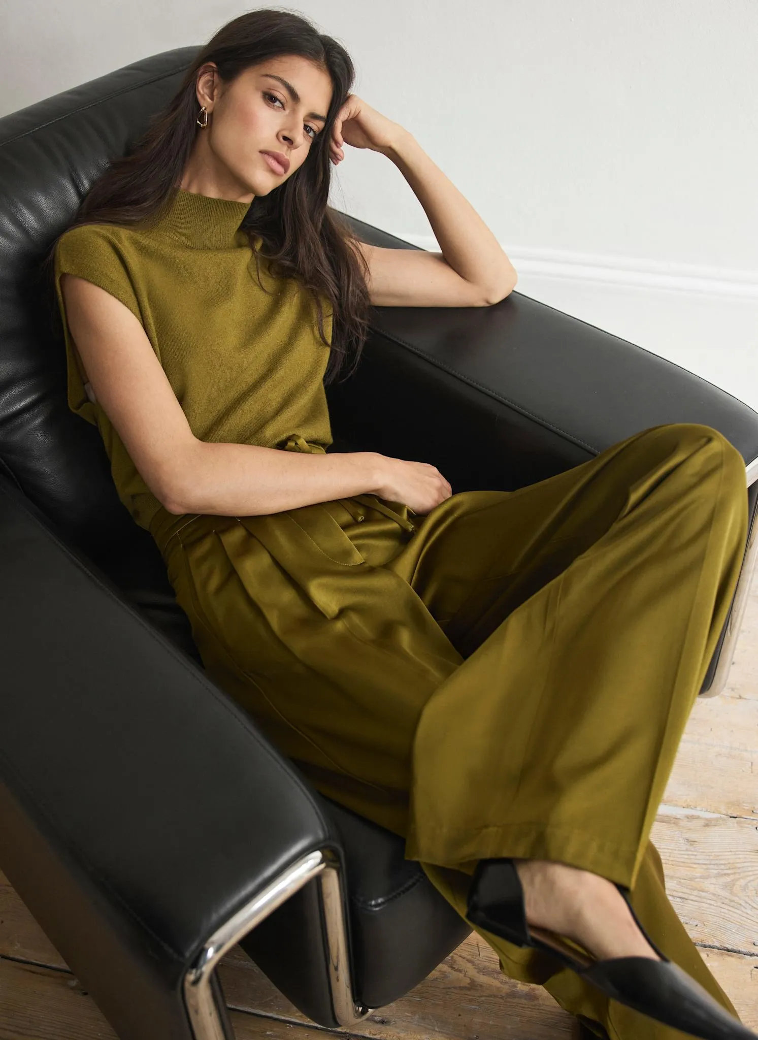 Olive Green Satin Wide Leg Trousers sold by Mint Velvet product image thumbnail 4