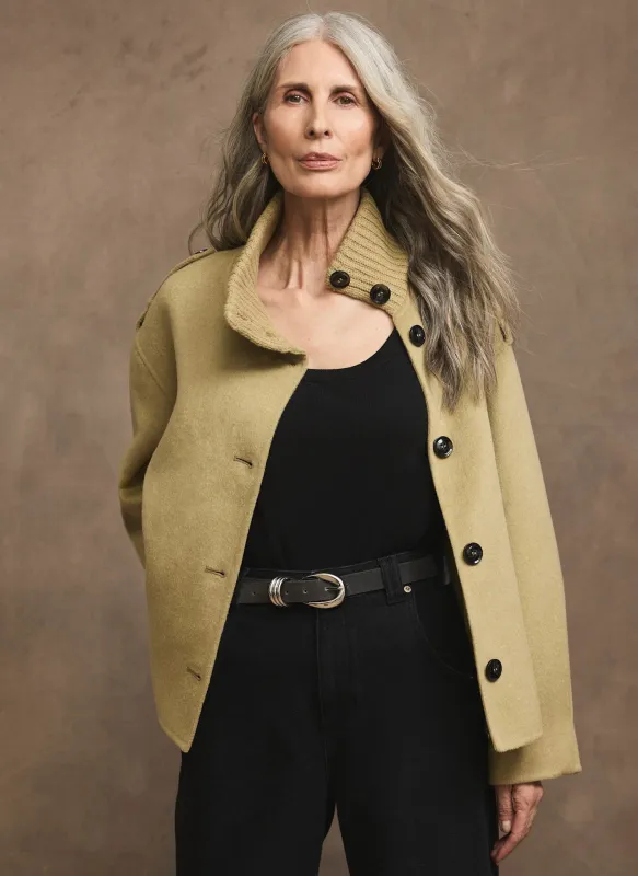 Green Wool Blend Hand Finished Funnel Neck Jacket made by Mint Velvet