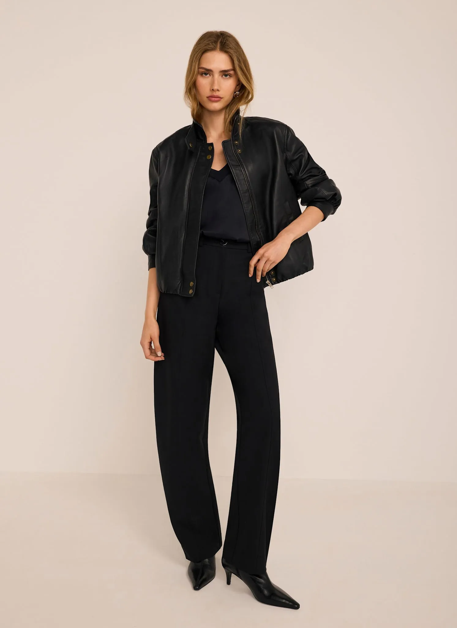 Black Leather Ultimate Funnel Neck Bomber Jacket sold by Mint Velvet product image thumbnail 4