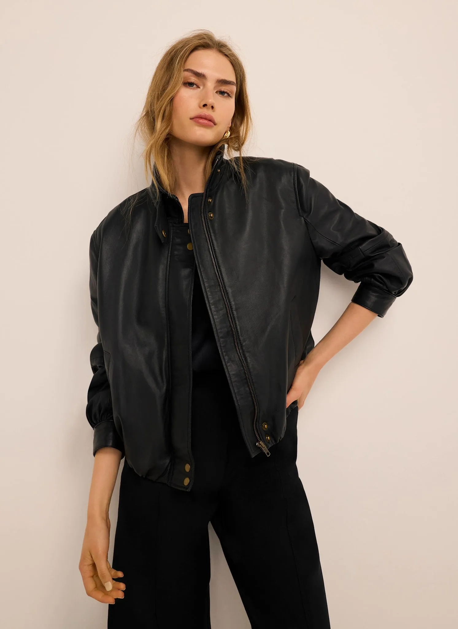 Black Leather Ultimate Funnel Neck Bomber Jacket sold by Mint Velvet product image thumbnail 5