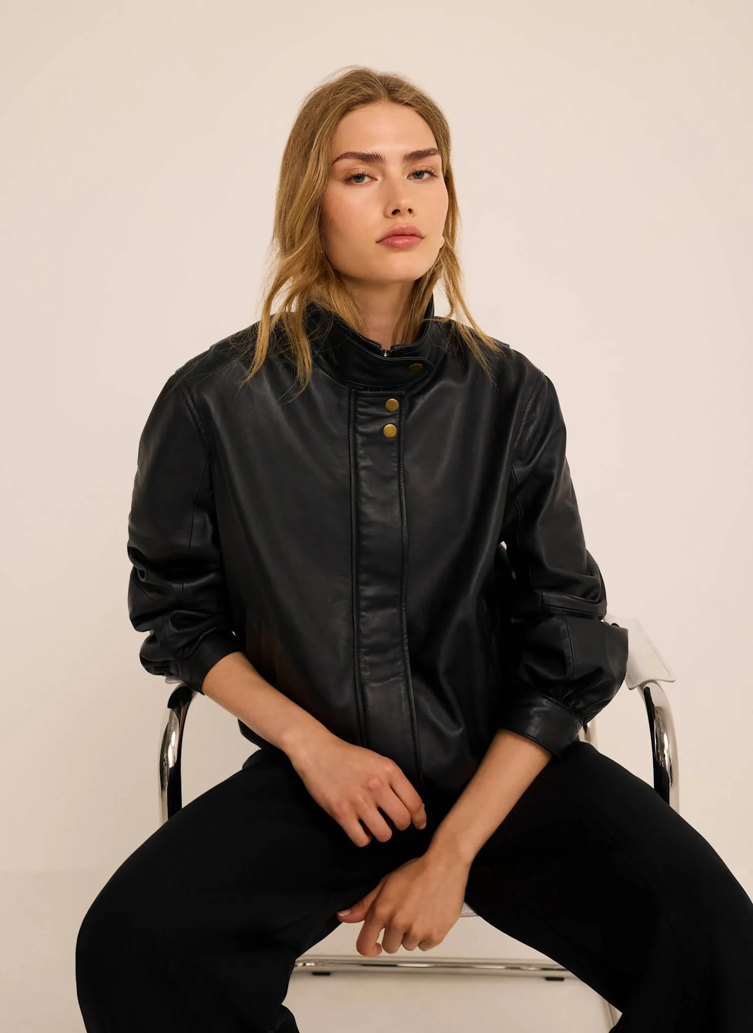 Black Leather Ultimate Funnel Neck Bomber Jacket sold by Mint Velvet product image thumbnail 3