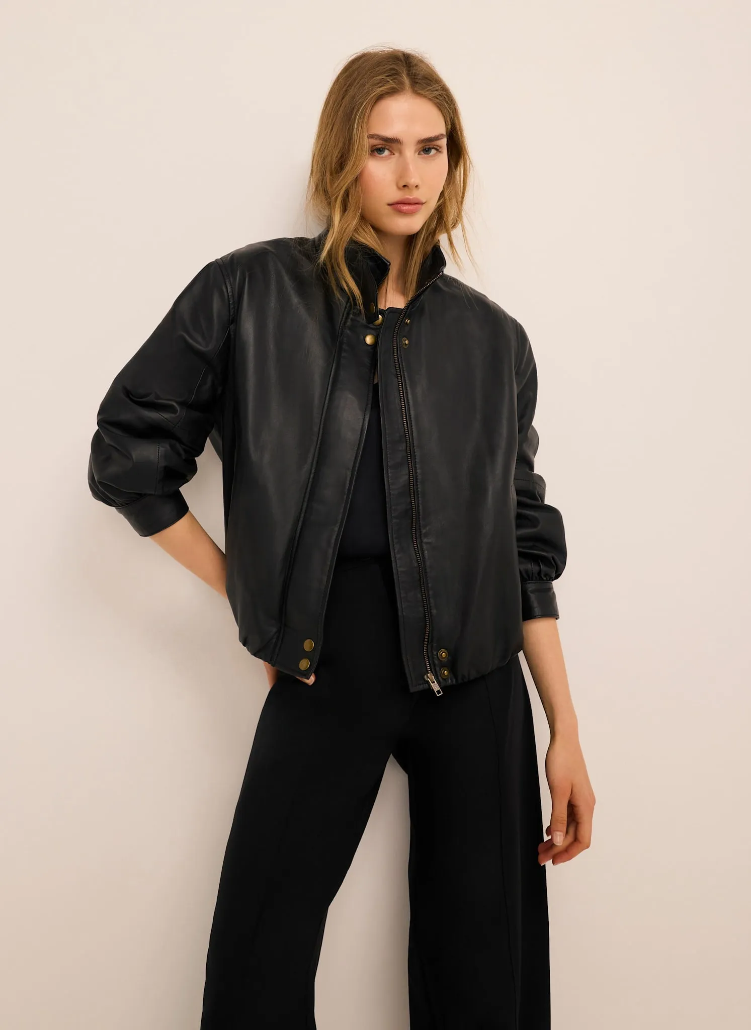 Black Leather Ultimate Funnel Neck Bomber Jacket sold by Mint Velvet product image thumbnail 2