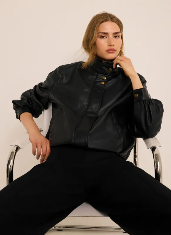 Black Leather Ultimate Funnel Neck Bomber Jacket made by Mint Velvet