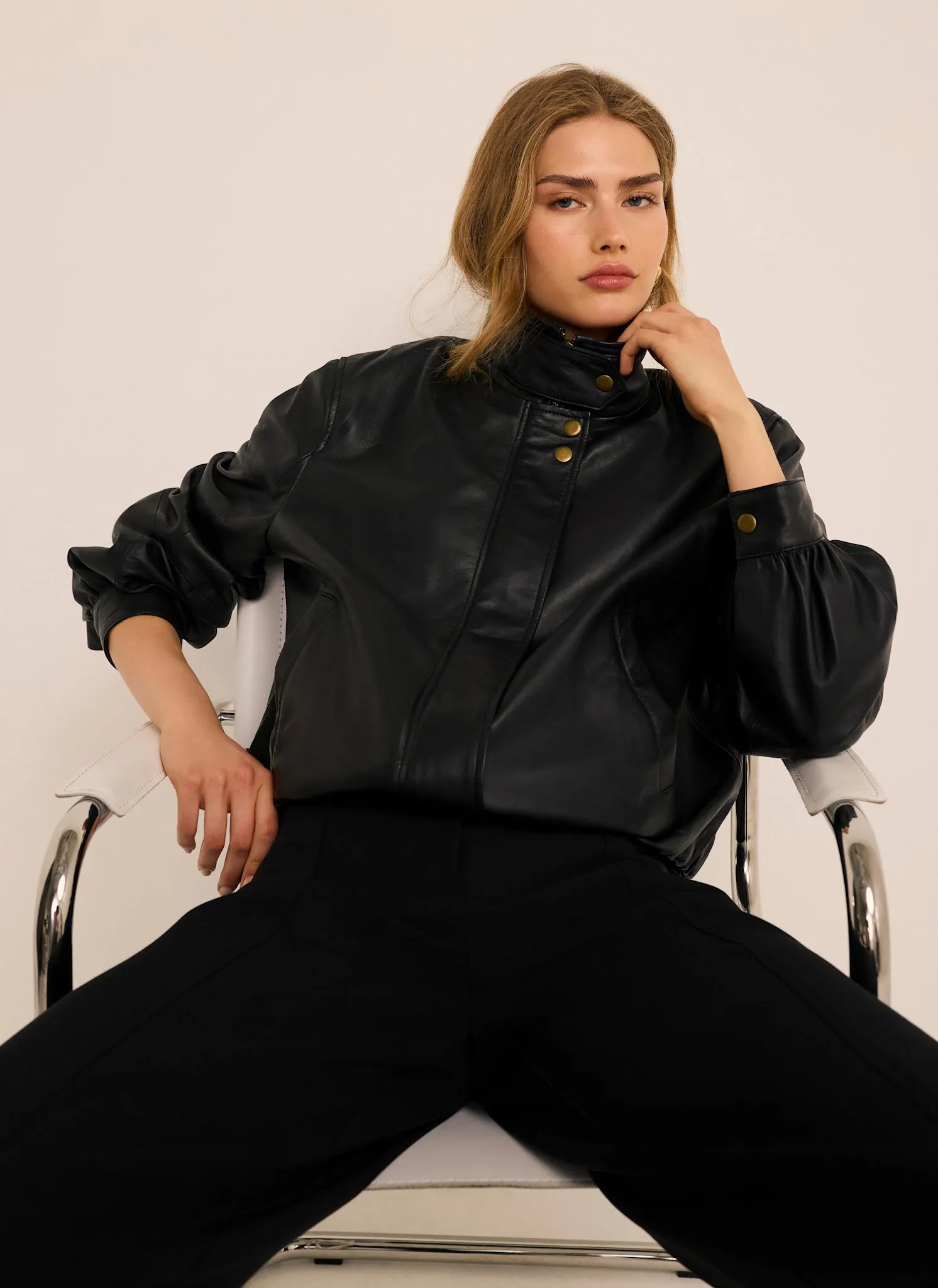 Black Leather Ultimate Funnel Neck Bomber Jacket sold by Mint Velvet