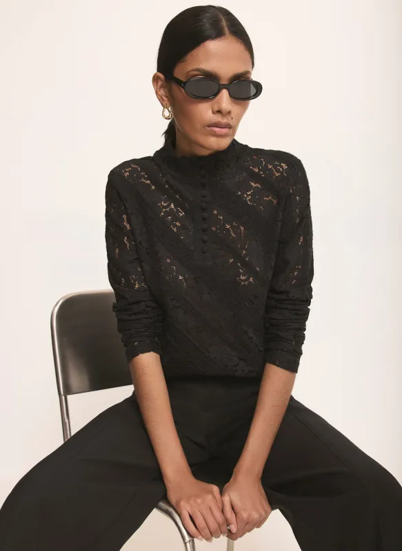 Black Lace Button Detail Top made by Mint Velvet