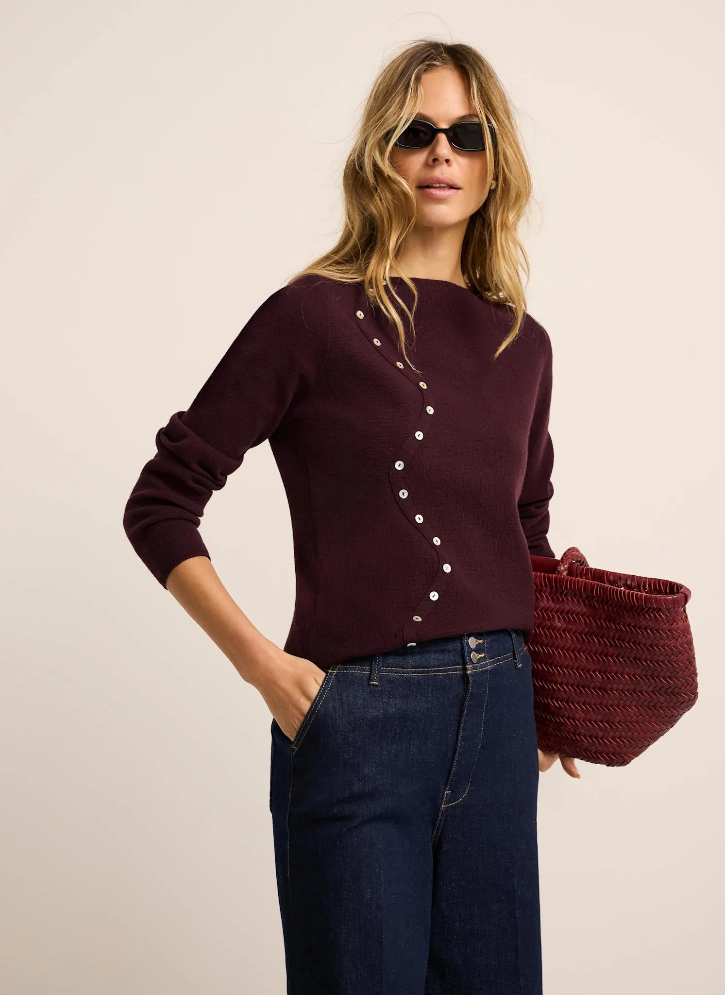 Burgundy Cotton Blend Button Detail Knit Top sold by Mint Velvet product image thumbnail 2