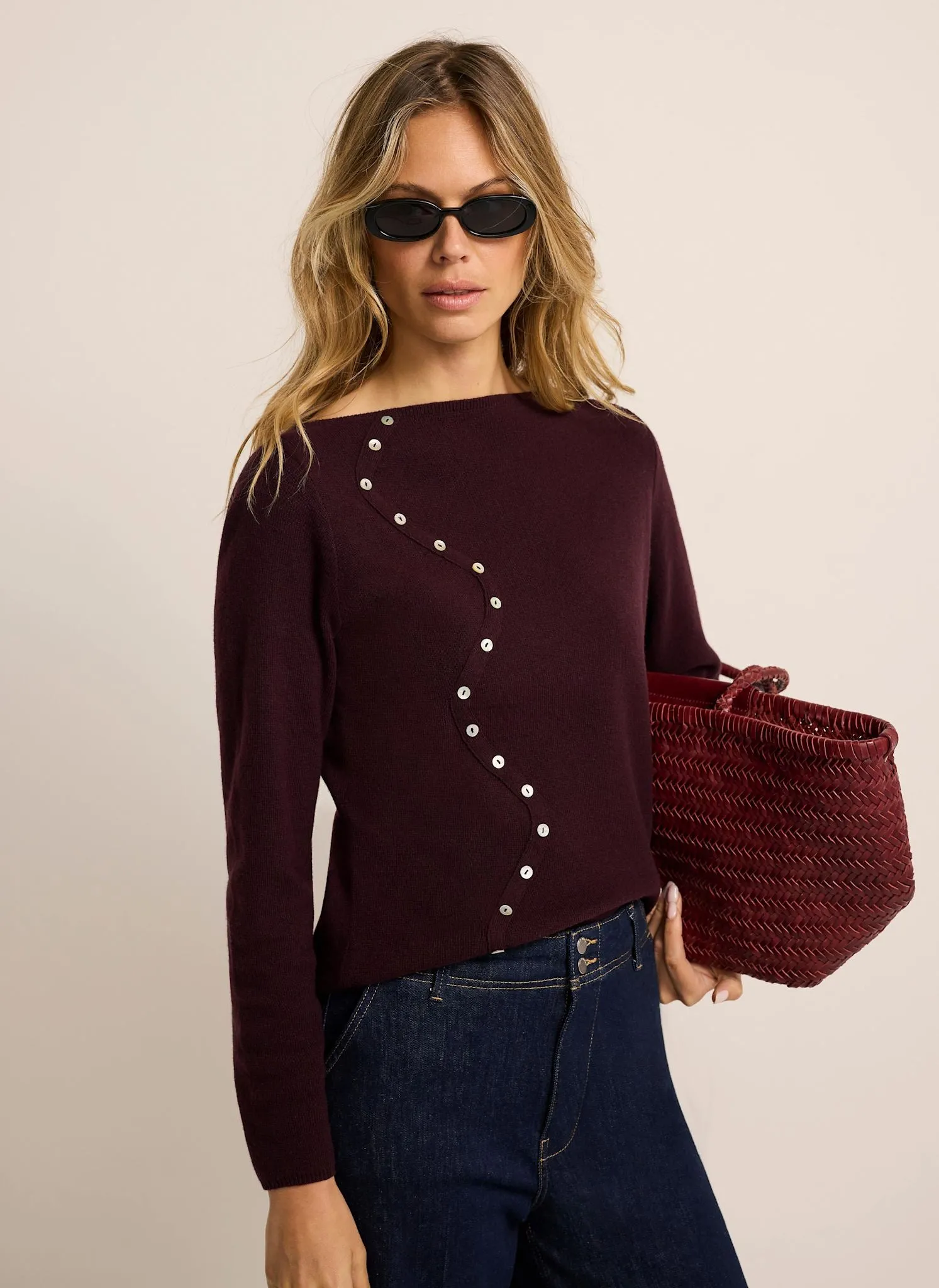 Burgundy Cotton Blend Button Detail Knit Top sold by Mint Velvet