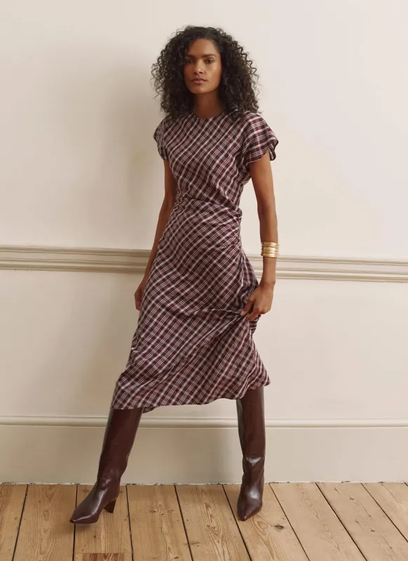 Burgundy Checked Ruched Midi Dress made by Mint Velvet