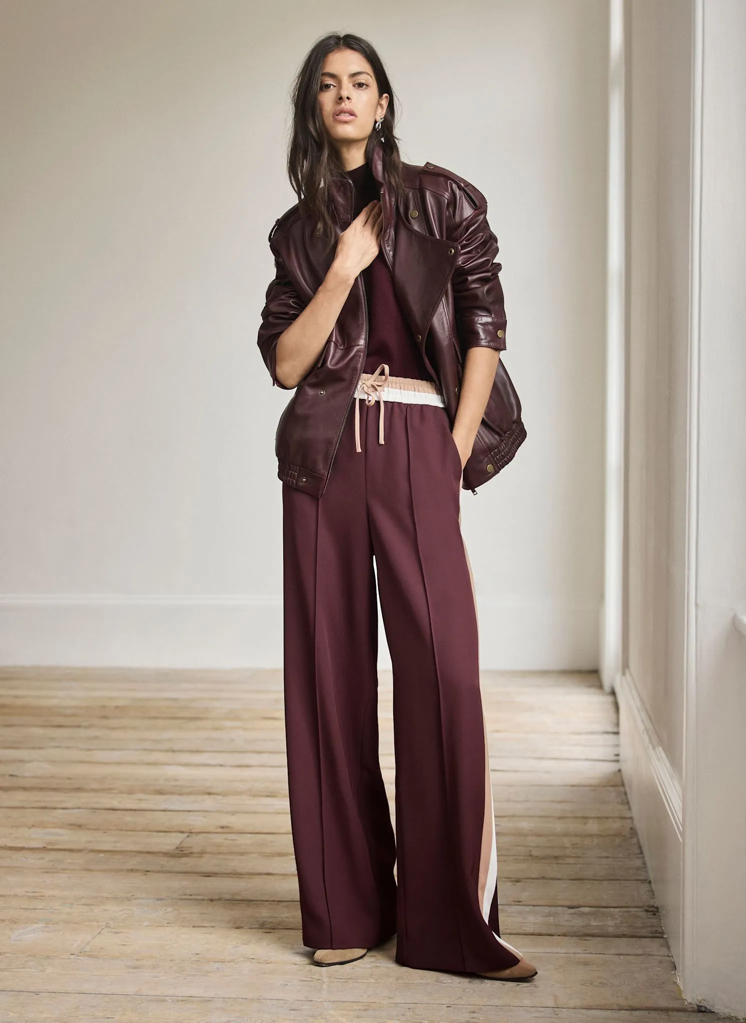 Burgundy Side Stripe Tie Waist Wide Leg Trousers sold by Mint Velvet product image thumbnail 2