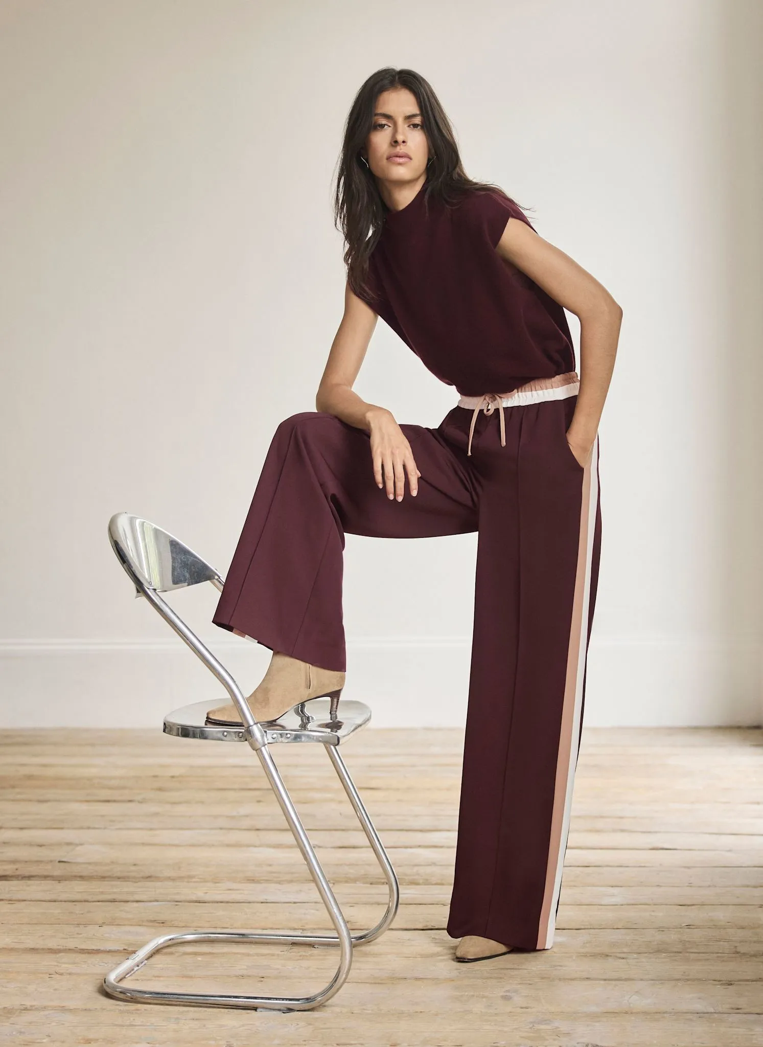 Burgundy Side Stripe Tie Waist Wide Leg Trousers sold by Mint Velvet product image thumbnail 5