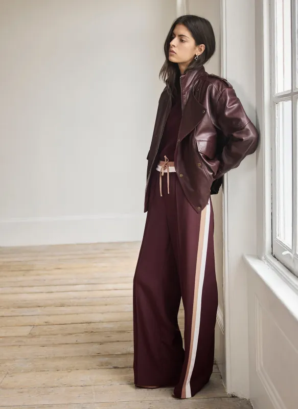 Burgundy Side Stripe Tie Waist Wide Leg Trousers made by Mint Velvet