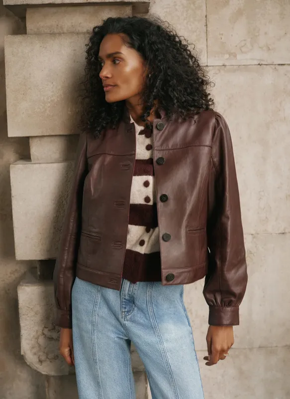 Burgundy Leather Puff Sleeve Jacket made by Mint Velvet