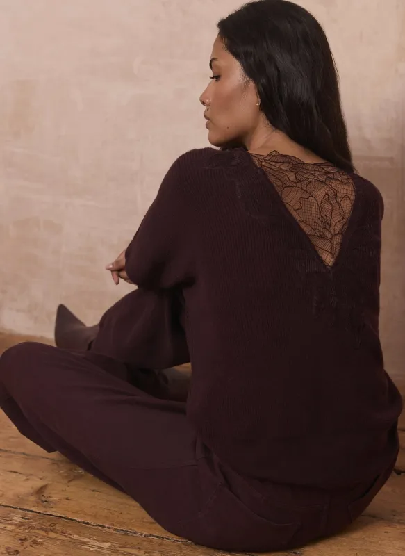 Burgundy Lace Detail Batwing Jumper made by Mint Velvet
