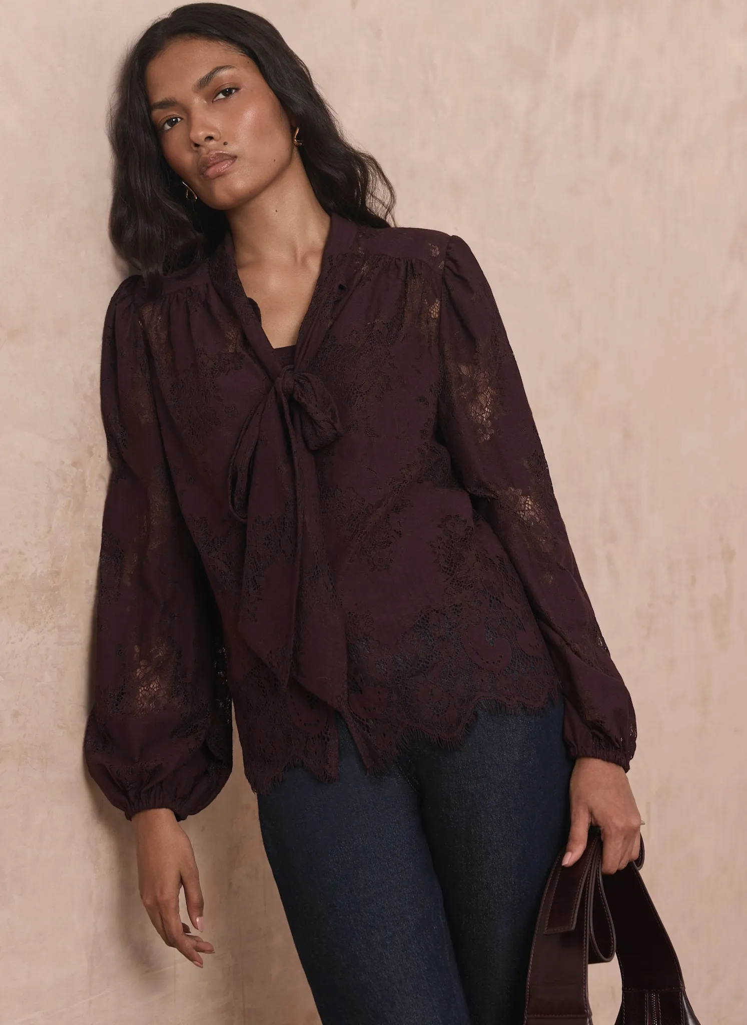 Burgundy Lace Pussybow Blouse sold by Mint Velvet product image thumbnail 2