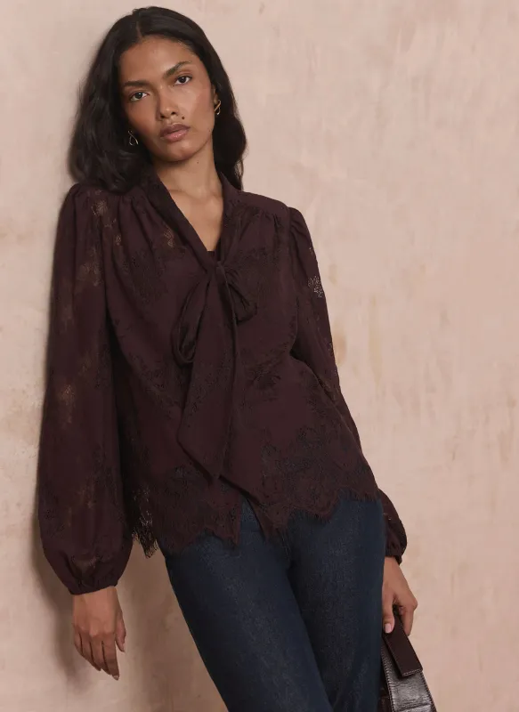 Burgundy Lace Pussybow Blouse made by Mint Velvet