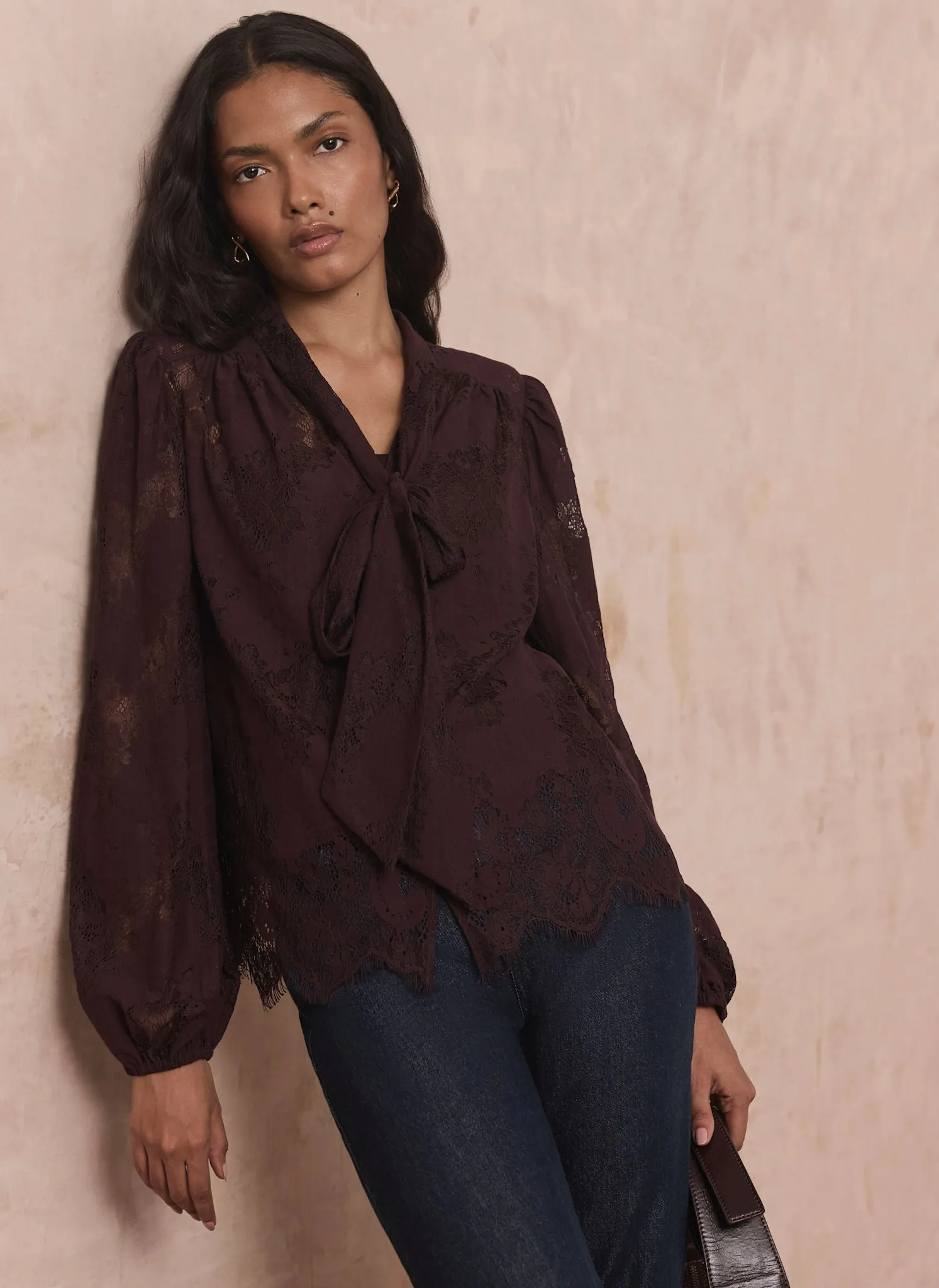 Burgundy Lace Pussybow Blouse sold by Mint Velvet