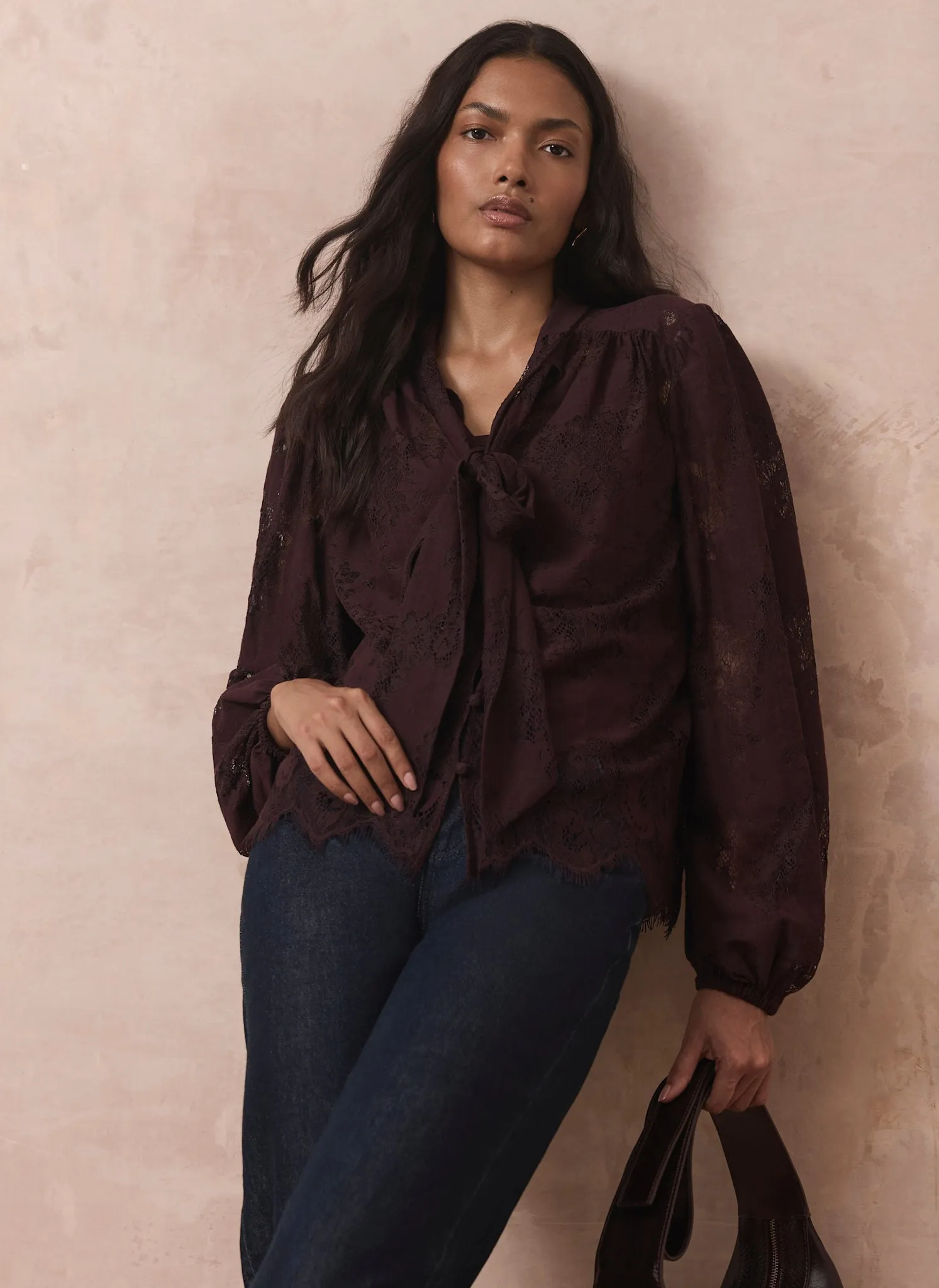 Burgundy Lace Pussybow Blouse sold by Mint Velvet product image thumbnail 4
