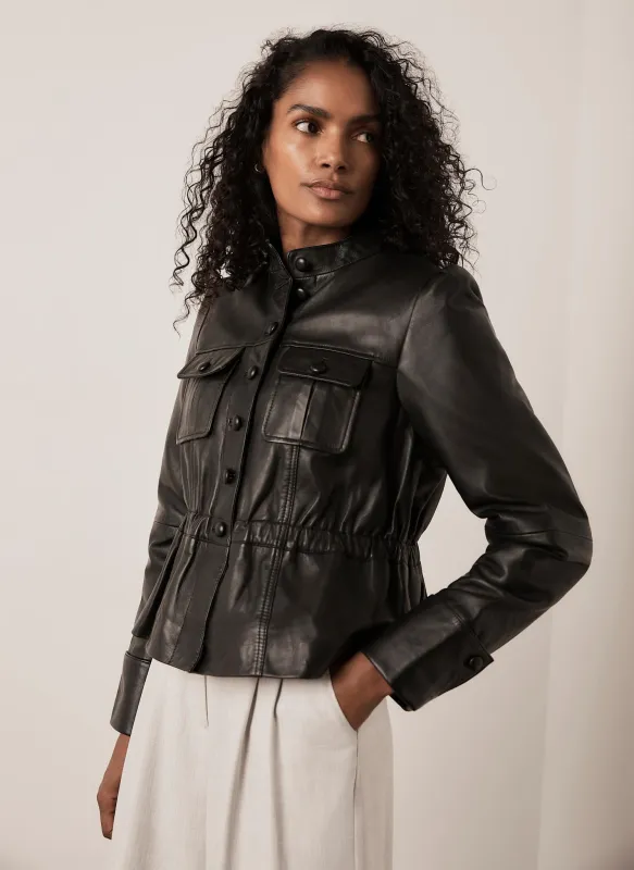 Black Leather Peplum Jacket made by Mint Velvet