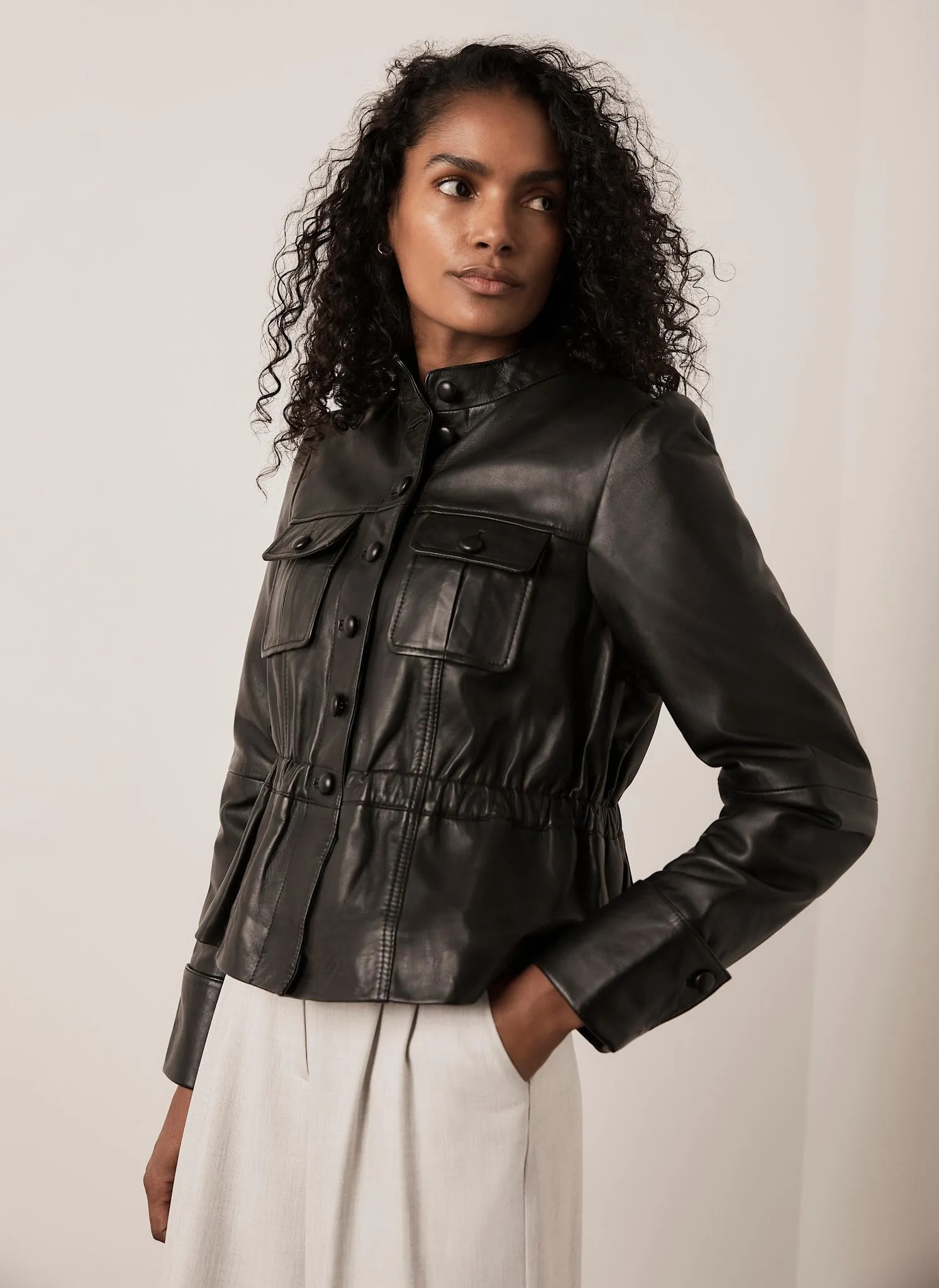 Black Leather Peplum Jacket sold by Mint Velvet
