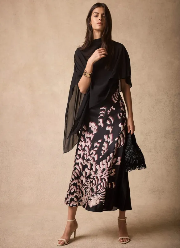 Black Satin Printed Cape Detail Maxi Dress made by Mint Velvet