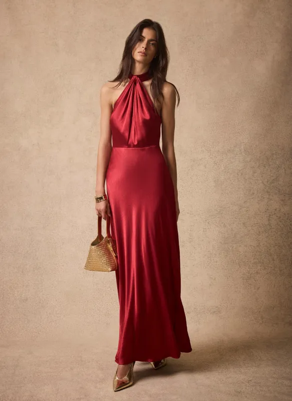 Red Satin Halter Midi Dress made by Mint Velvet