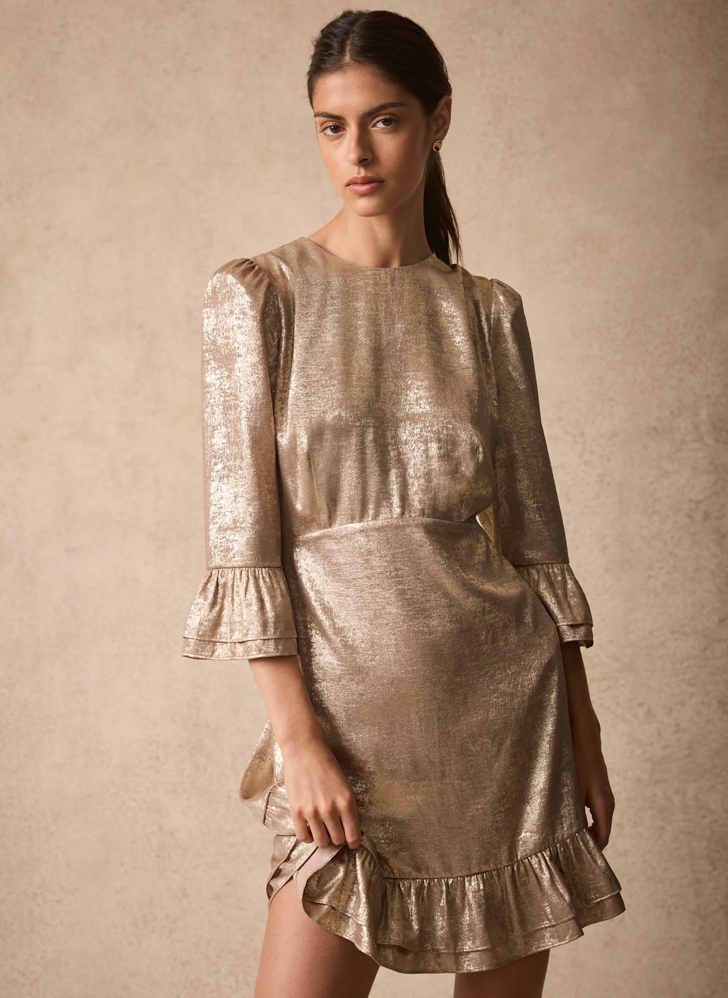 Gold Metallic Ruffle Mini Dress sold by Mint Velvet product image thumbnail 3