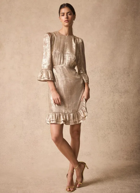 Gold Metallic Ruffle Mini Dress made by Mint Velvet