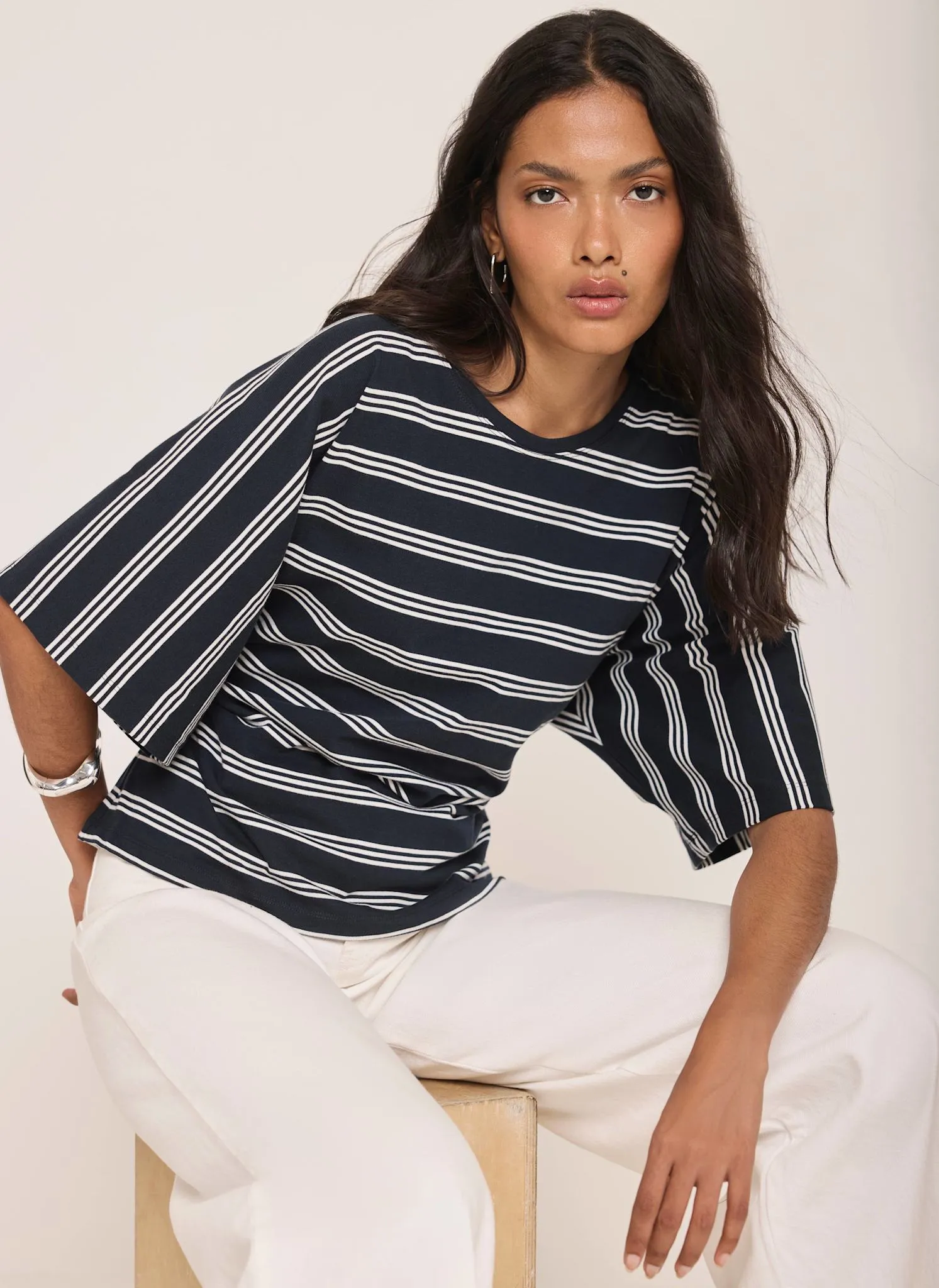 Navy Striped Cotton Ruched Waist T-Shirt sold by Mint Velvet product image thumbnail 2