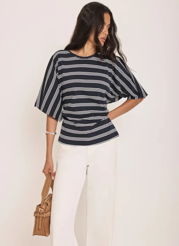 Navy Striped Cotton Ruched Waist T-Shirt made by Mint Velvet