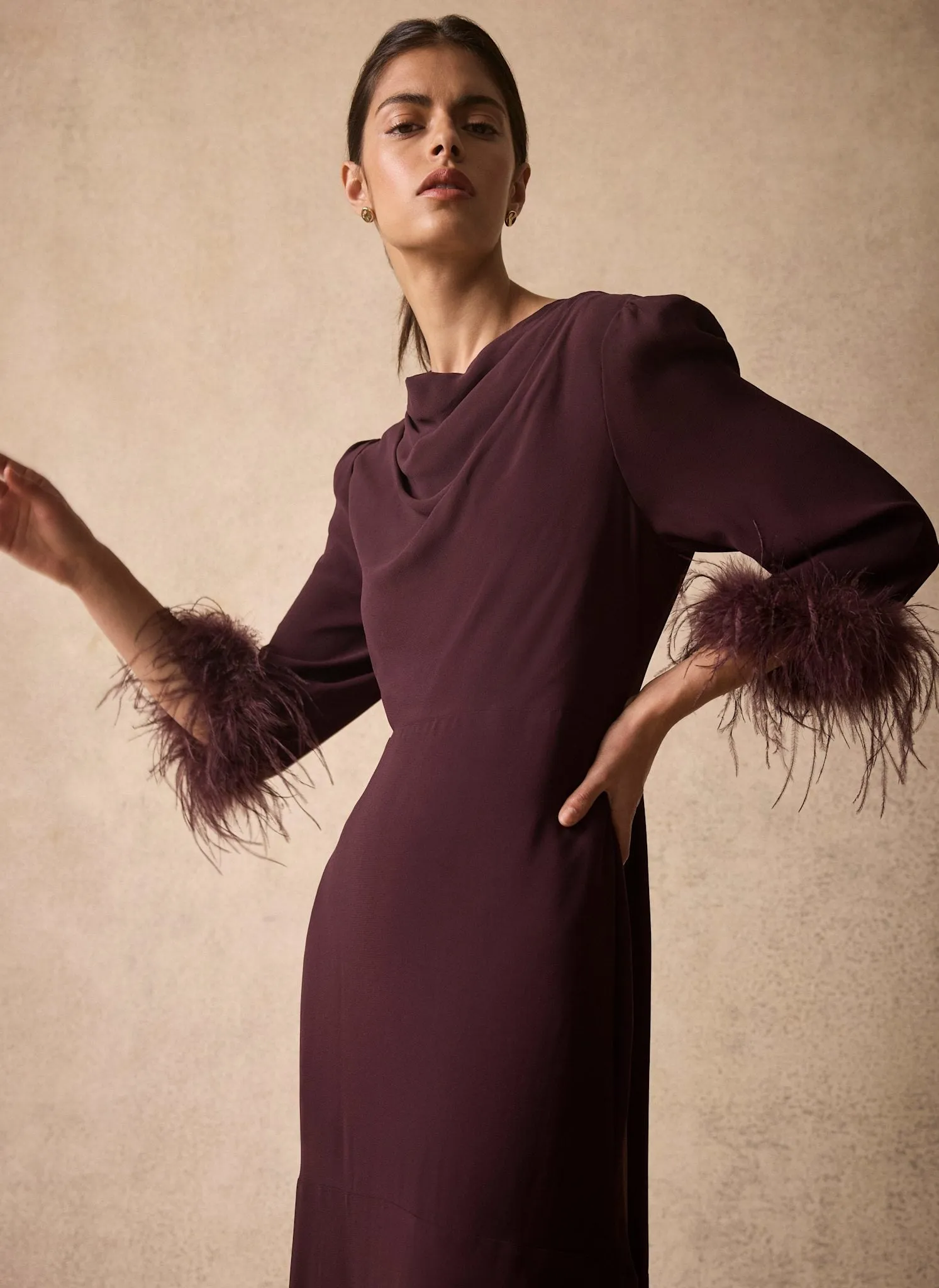 Burgundy Feather Trim Midi Dress sold by Mint Velvet product image thumbnail 3