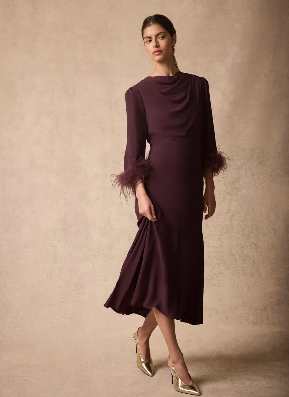 Burgundy Feather Trim Midi Dress made by Mint Velvet