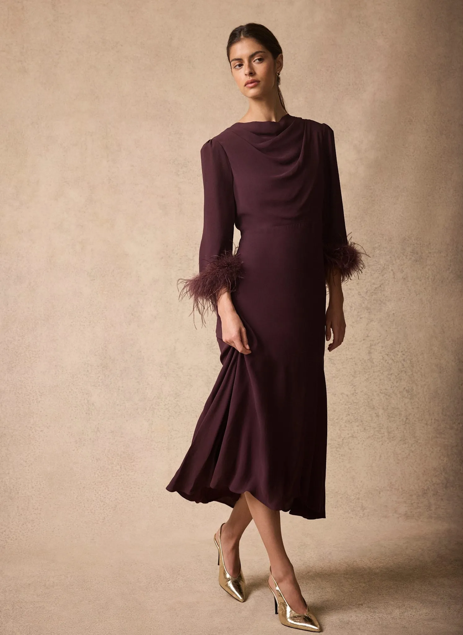 Burgundy Feather Trim Midi Dress sold by Mint Velvet