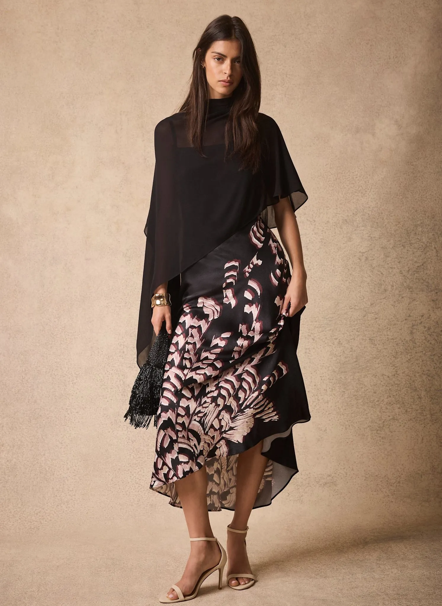 Black Satin Printed Cape Detail Maxi Dress sold by Mint Velvet product image thumbnail 4