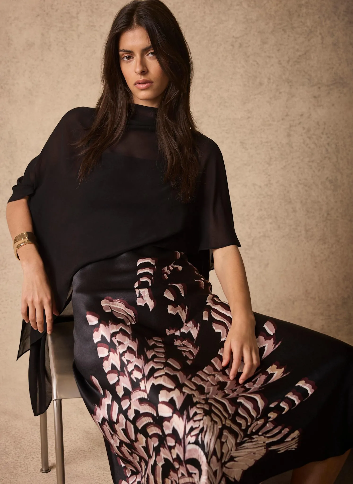 Black Satin Printed Cape Detail Maxi Dress sold by Mint Velvet product image thumbnail 3