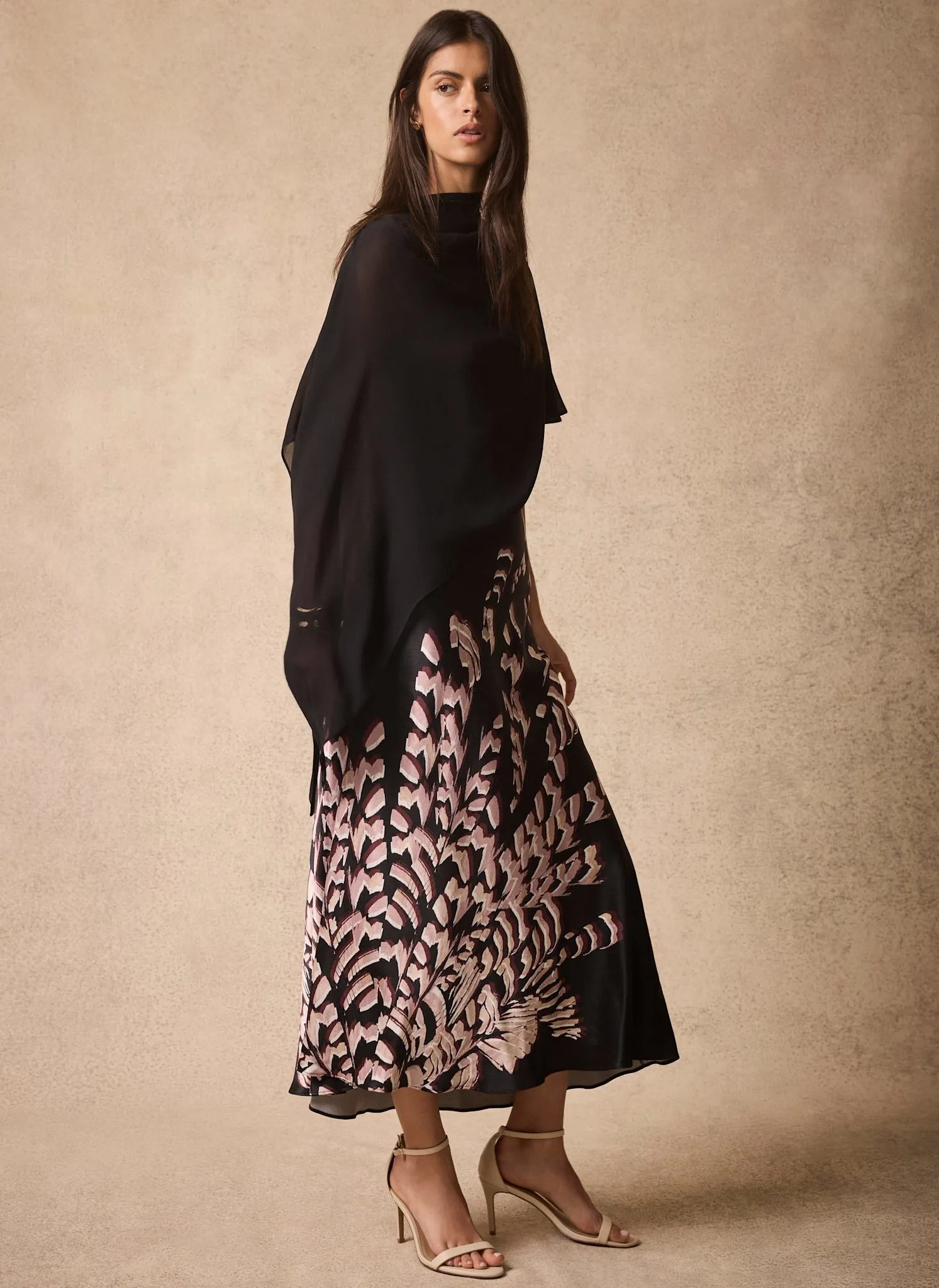 Black Satin Printed Cape Detail Maxi Dress sold by Mint Velvet product image thumbnail 2