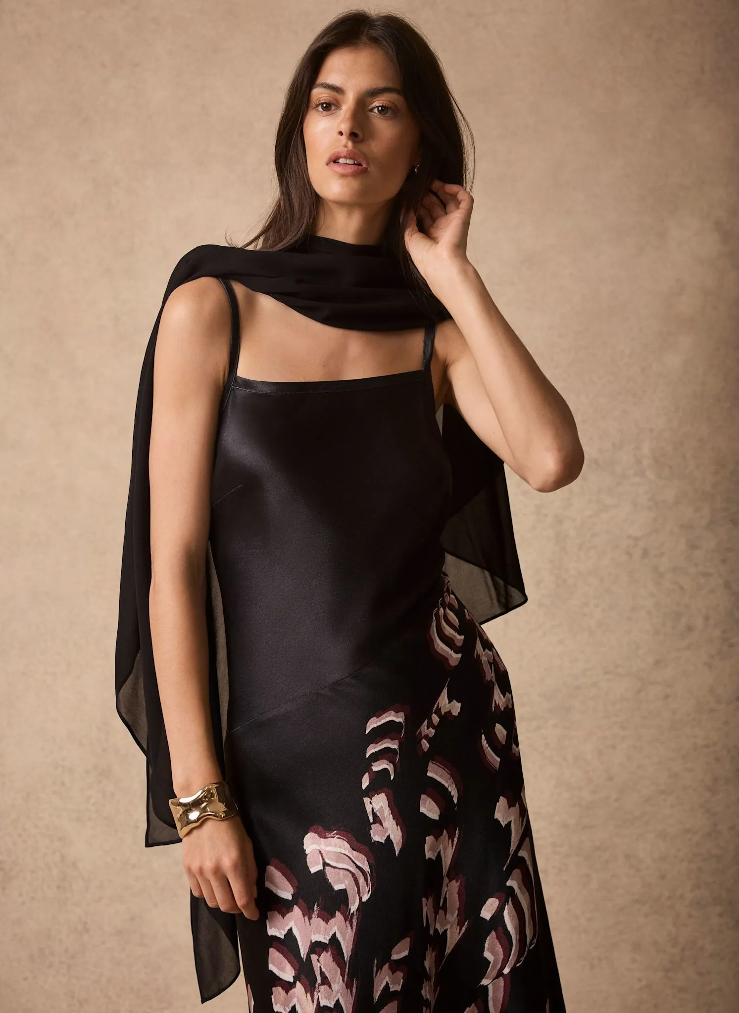 Black Satin Printed Cape Detail Maxi Dress sold by Mint Velvet product image thumbnail 5