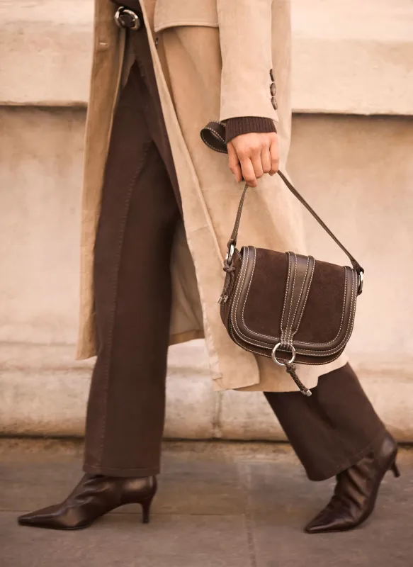 Harper Brown Suede Saddle Bag made by Mint Velvet