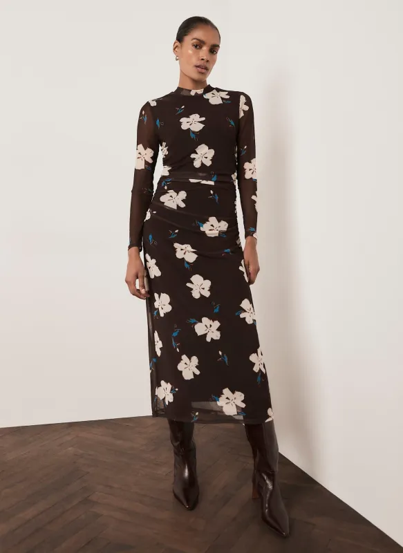 Brown Floral Mesh Midi Dress made by Mint Velvet