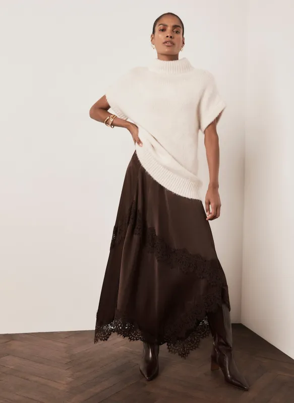 Brown Satin Lace Trim Hanky Hem Midi Skirt made by Mint Velvet